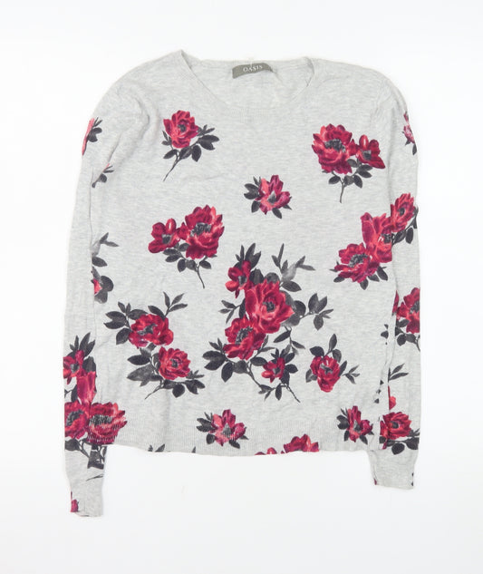 Oasis Women’s Grey Floral Cotton Crew Neck Pullover Jumper Size S