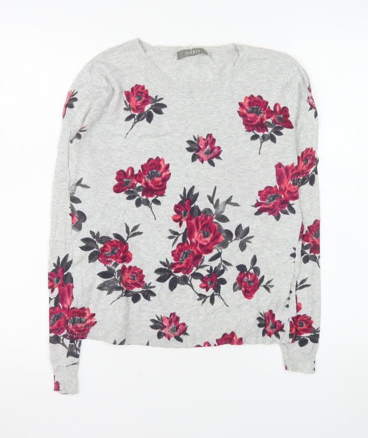 Oasis Women’s Grey Floral Cotton Crew Neck Pullover Jumper Size S