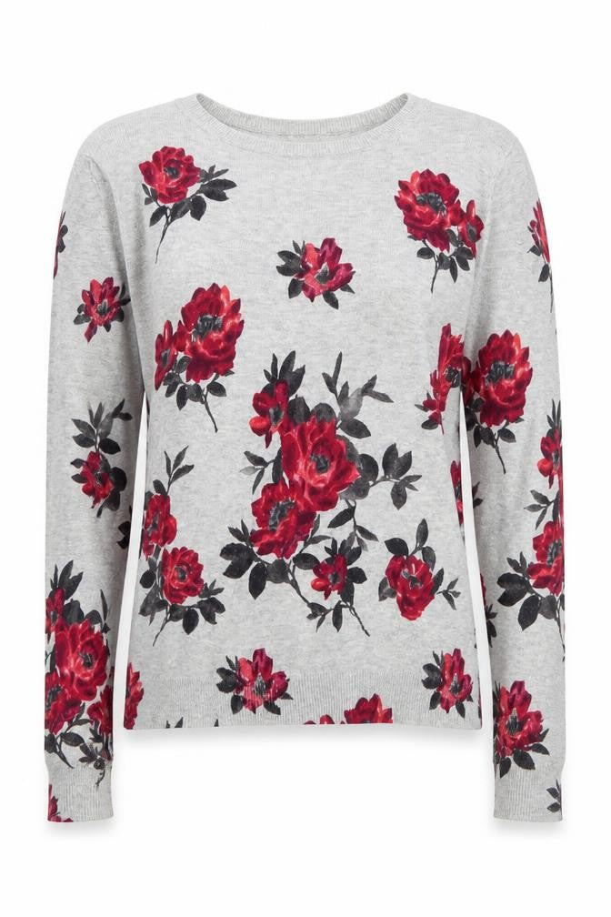 Front view of Oasis Women’s Grey Floral Cotton Crew Neck jumper, size S