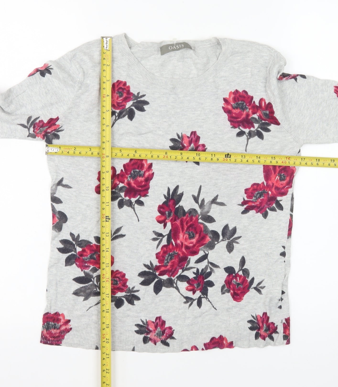 Oasis Women’s Grey Floral Cotton Crew Neck Pullover Jumper Size S