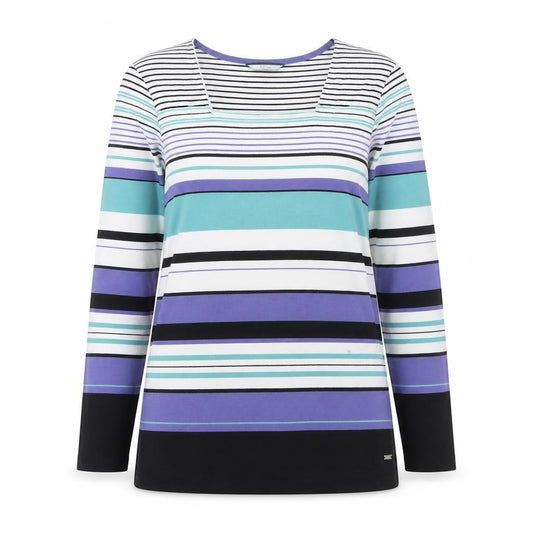 Front view of Dash Women’s Multicoloured Long Sleeve Striped Cotton T-Shirt, size UK 12