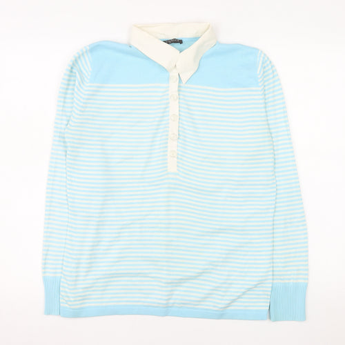 Via Appia Women's Blue Striped Collared Button-Up Top Size 12