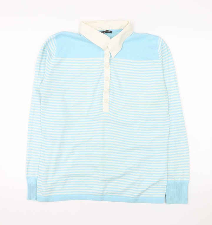 Via Appia Women's Blue Striped Collared Button-Up Top Size 12