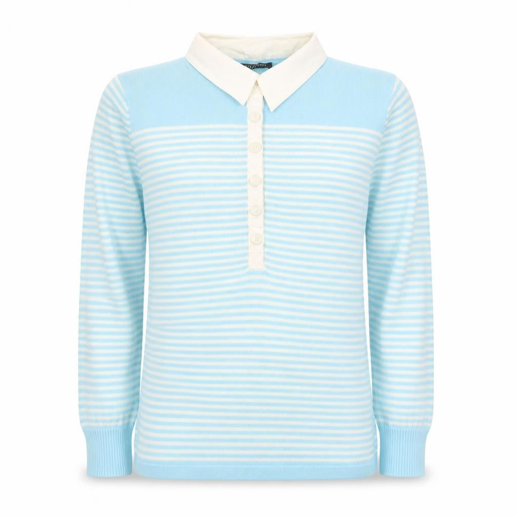 Front view of Via Appia Women's Blue Striped Collared Button-Up Top, size 12
