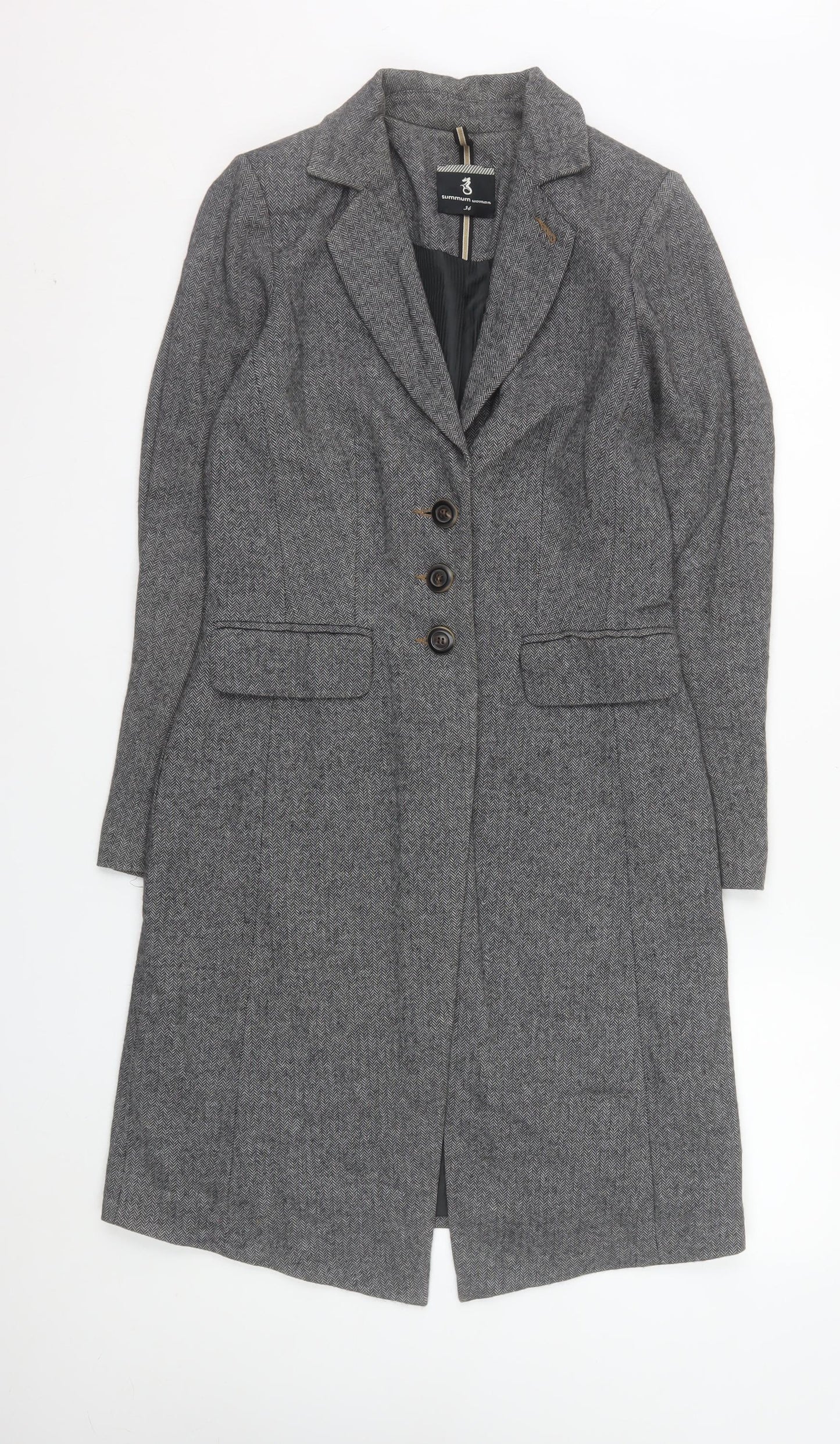 Summum Woman Grey Herringbone Wool Blend Long Overcoat Women’s Size 6