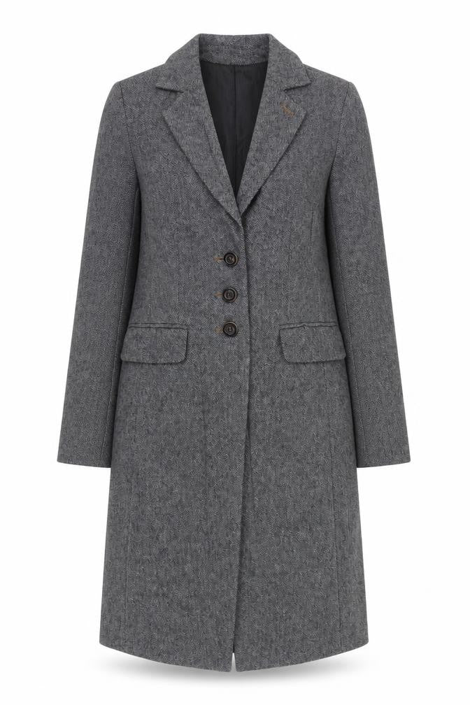 Front view of Summum Woman Grey Herringbone Wool Blend Long Overcoat Women’s, size UK 6