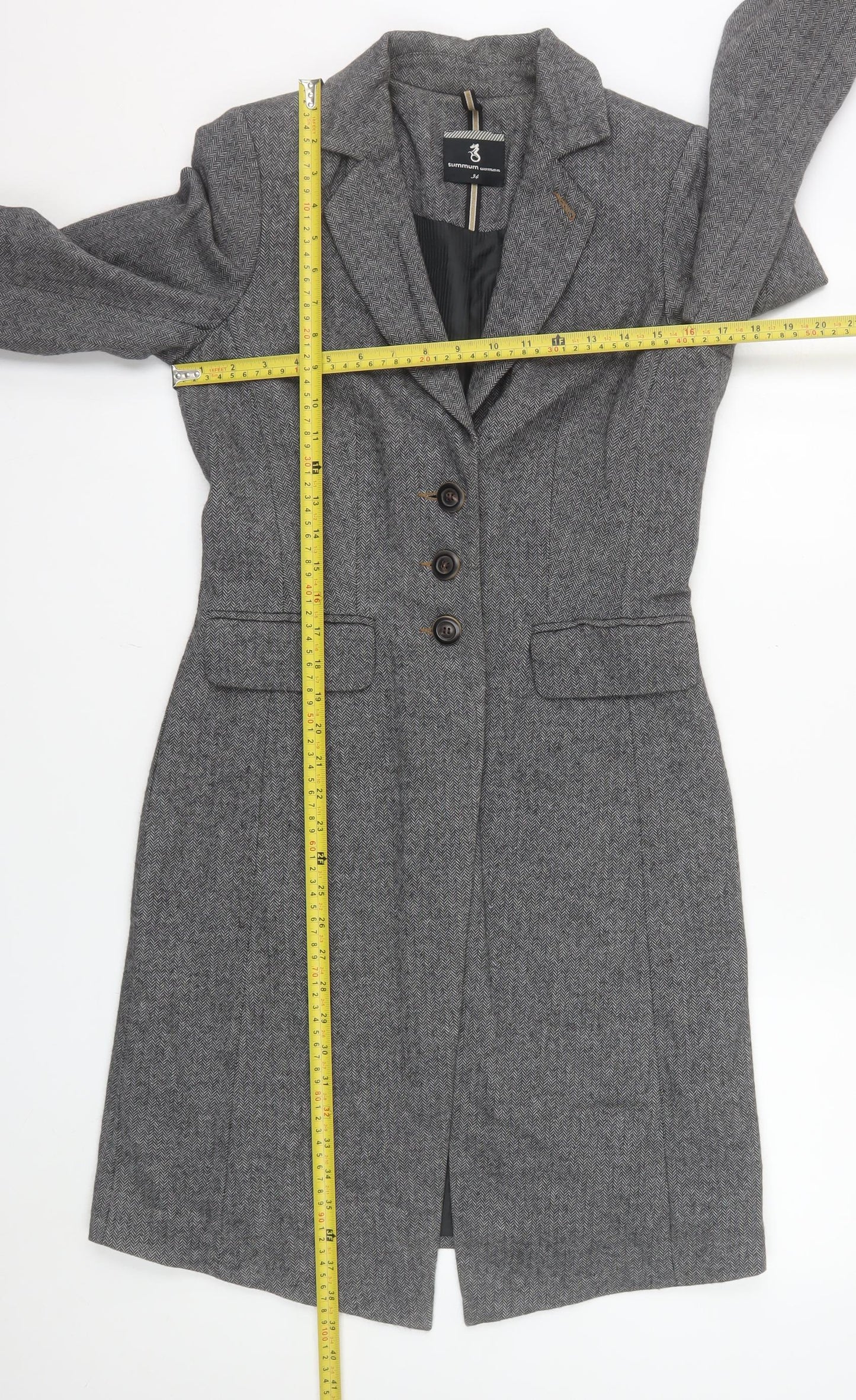 Summum Woman Grey Herringbone Wool Blend Long Overcoat Women’s Size 6
