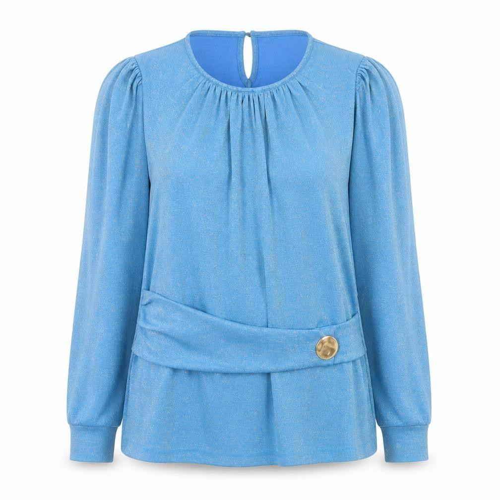 Front view of Savida Women's Blue Long Sleeve Tunic Blouse, size 10