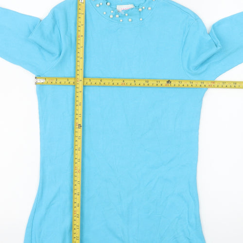 Savida Women Blue Pearl Neck Long Sleeve Knit Jumper Size 14