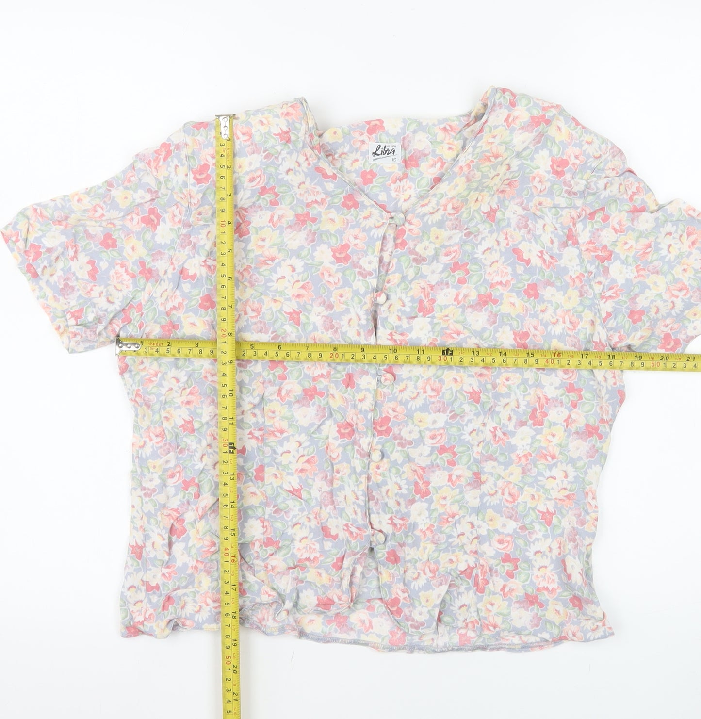 Libra Womens Multicoloured Floral Short Sleeve V-Neck Blouse Size 16