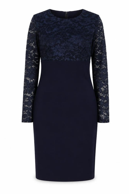 Front view of Goddess London Women Blue Lace Long Sleeve Sheath Dress, size 12
