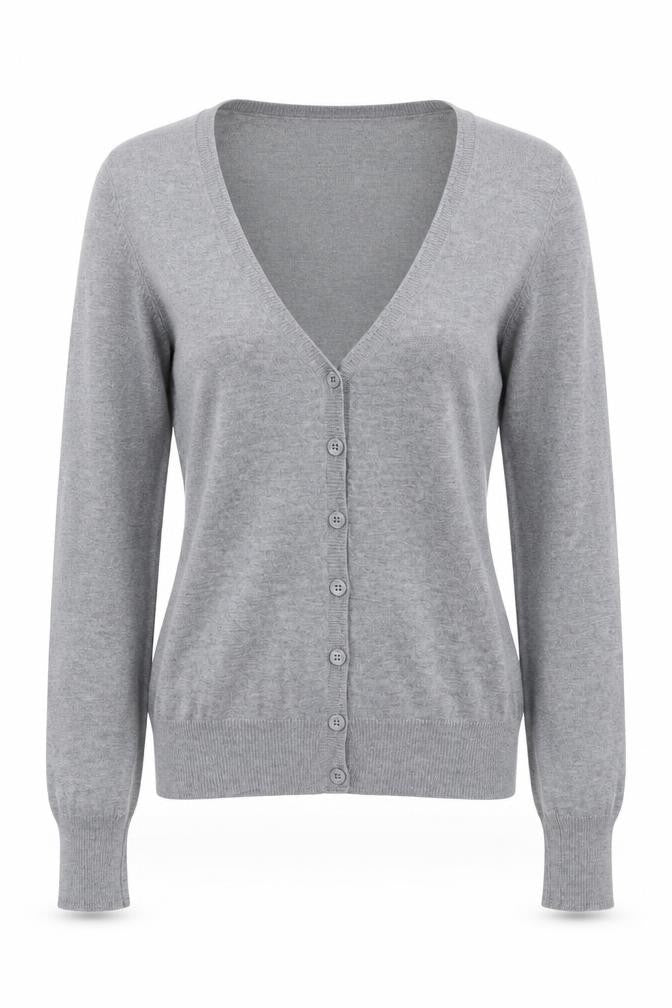 Front view of Bershka Women Grey V-Neck Button Knit Cardigan, size S