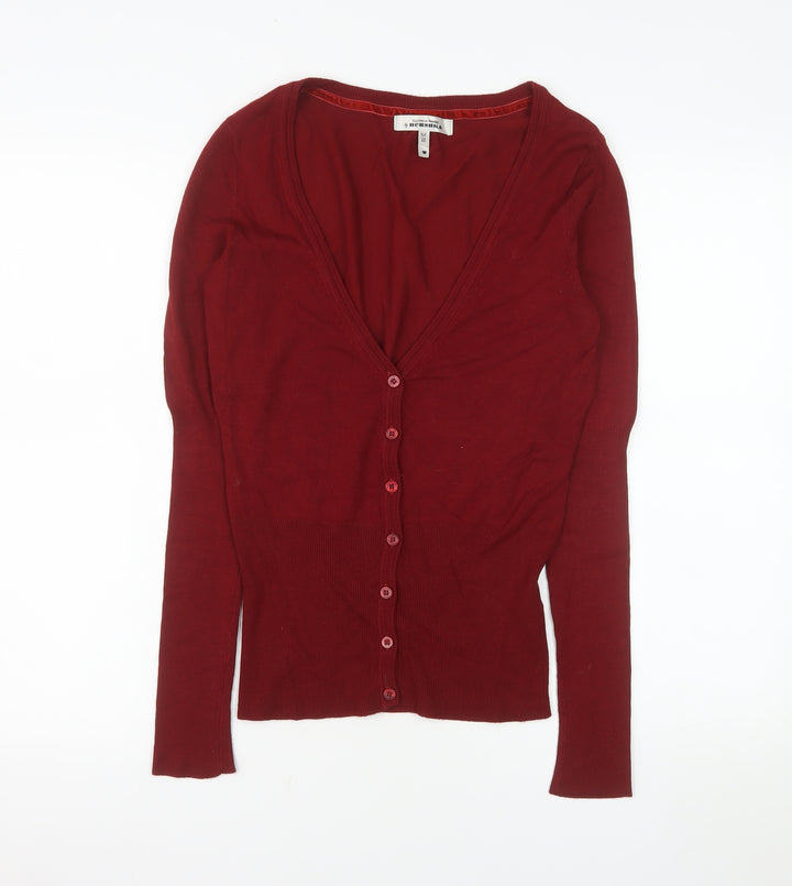 Bershka Women's Red V-Neck Long Sleeve Button Cardigan Size M