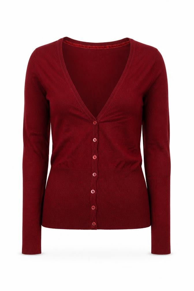 Front view of Bershka Women's Red V-Neck Long Sleeve Button Cardigan, size M