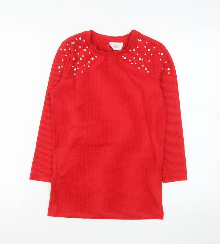 Savida Women Red Beaded Long Sleeve Pullover Jumper XS