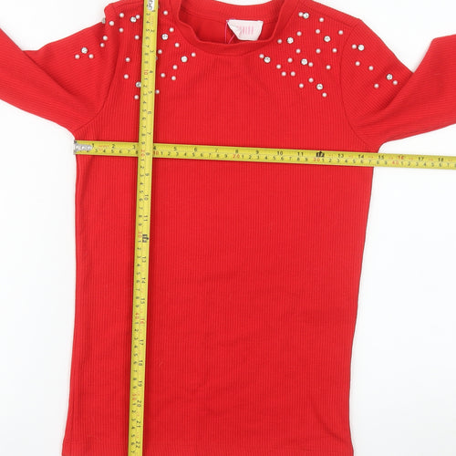 Savida Women Red Beaded Long Sleeve Pullover Jumper XS