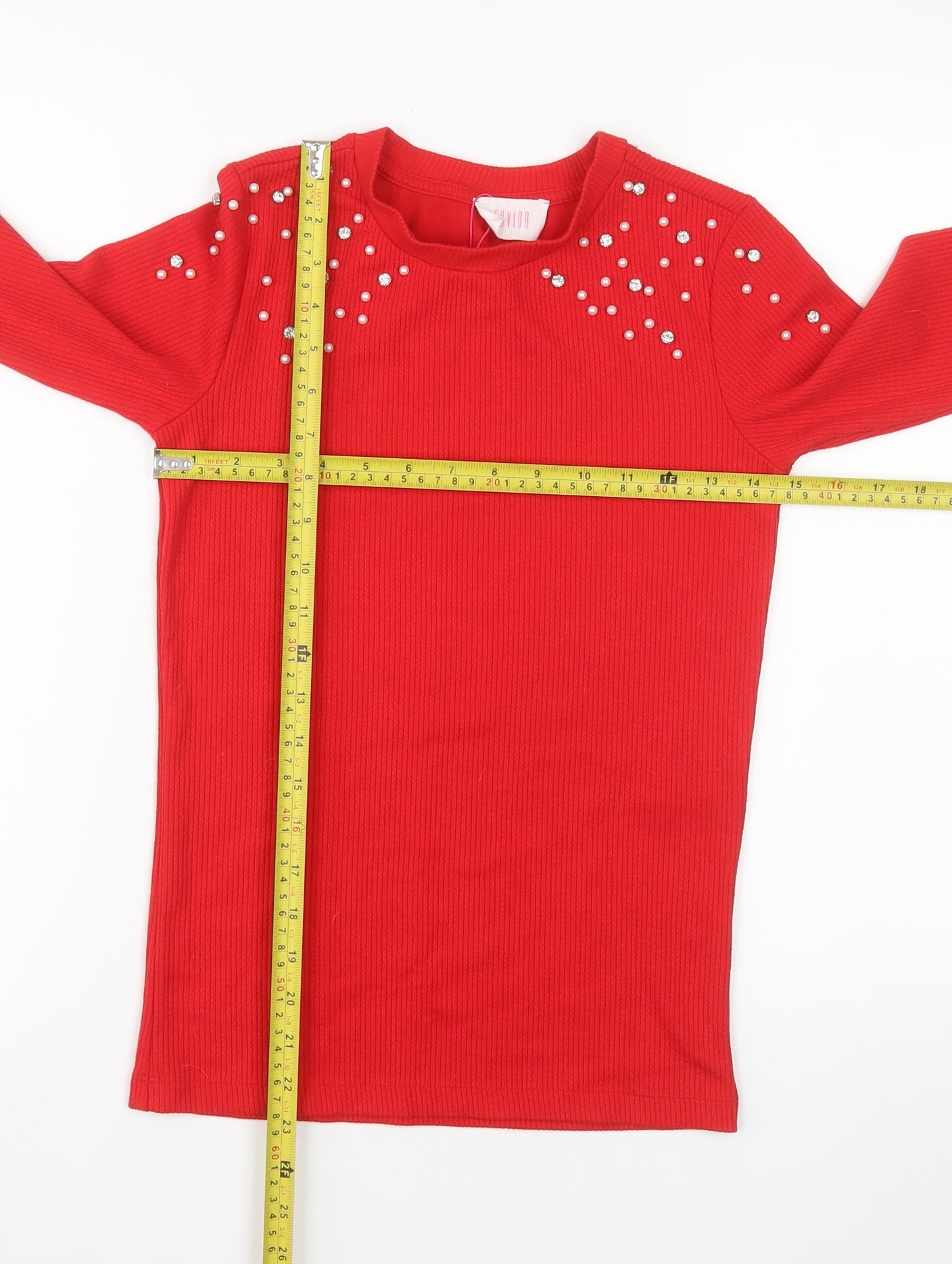 Savida Women Red Beaded Long Sleeve Pullover Jumper XS