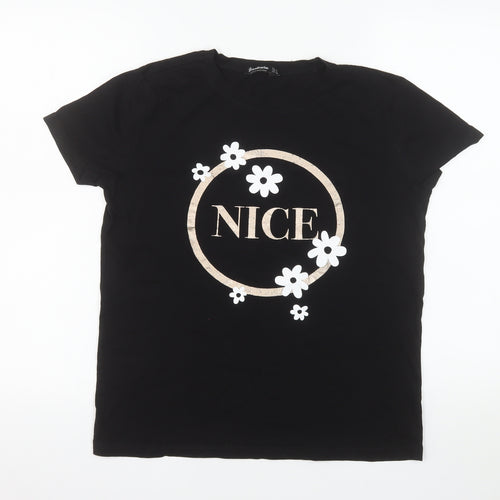Stradivarius Women’s Black Cotton Floral NICE Print T-Shirt Size 8