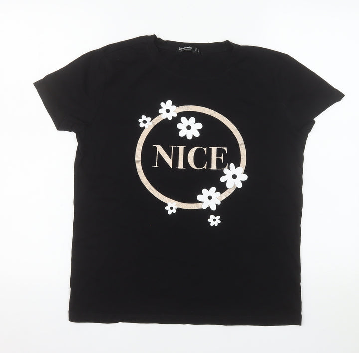 Stradivarius Women’s Black Cotton Floral NICE Print T-Shirt Size 8