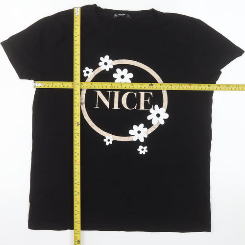 Stradivarius Women’s Black Cotton Floral NICE Print T-Shirt Size 8