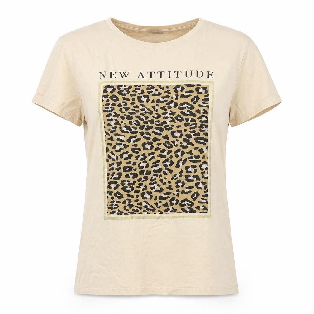 Front view of Stradivarius Women's Beige Leopard Print T-Shirt, size S