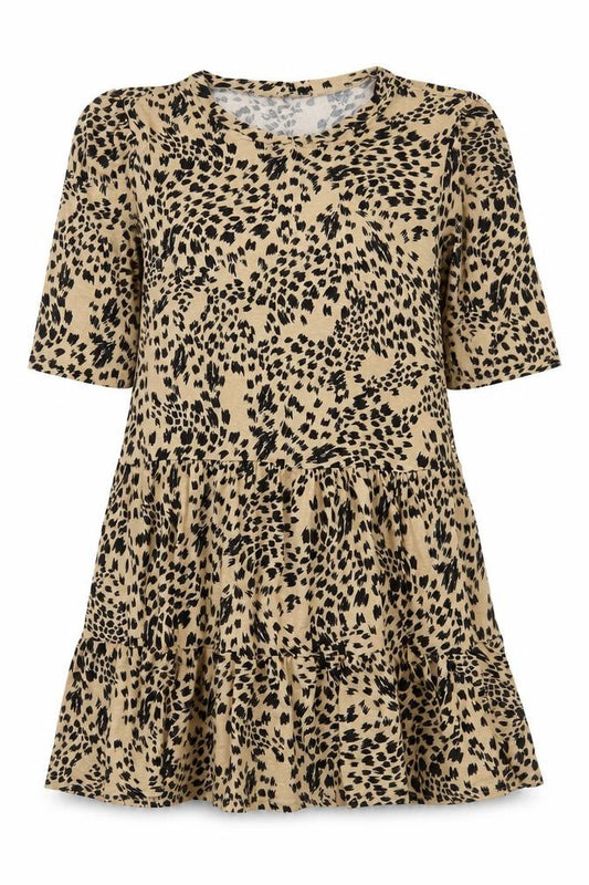 Front view of New Look Women’s Beige Animal Print Viscose Skater Dress, size UK 12