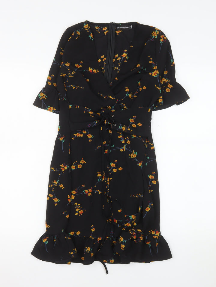 PrettyLittleThing Women’s Black Floral Wrap Dress Size 8