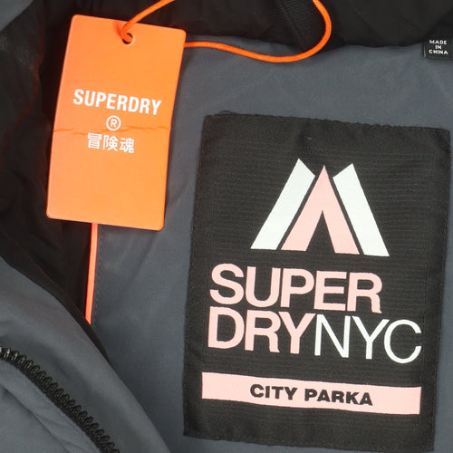Superdry Womens Grey City Parka Coat Hooded Long Size 16