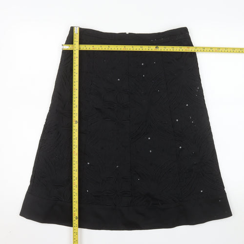 Oasis Women Black Size 12 A-Line Sequin Embroidered Skirt