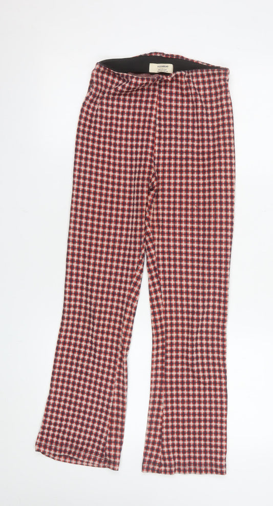 Pull & Bear Women's Red Check Flared Knit Trousers Size M