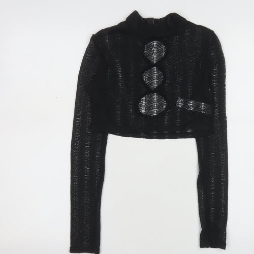 PrettyLittleThing Women's Black Mock Neck Open Knit Crop Jumper Size 6