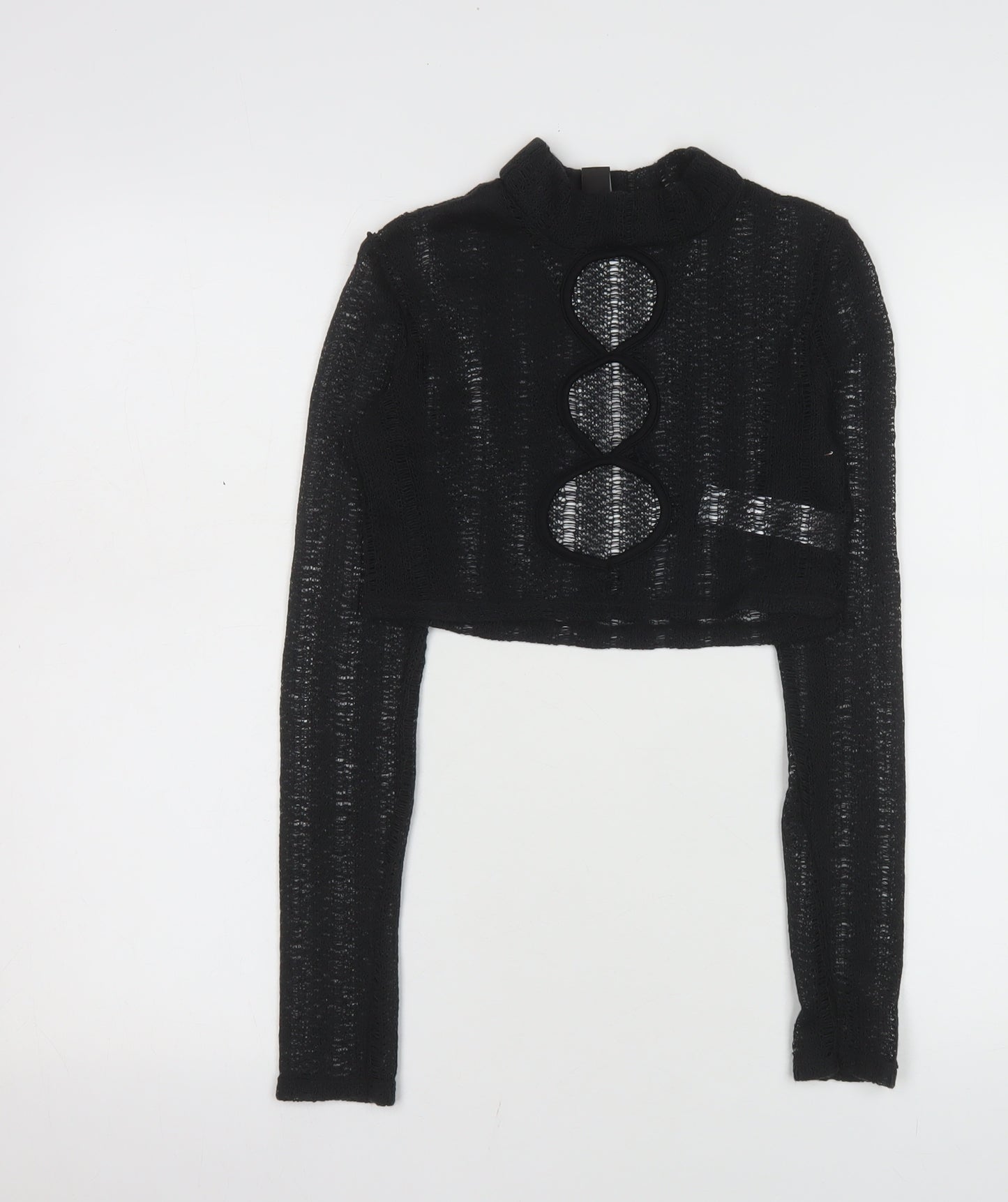PrettyLittleThing Women's Black Mock Neck Open Knit Crop Jumper Size 6