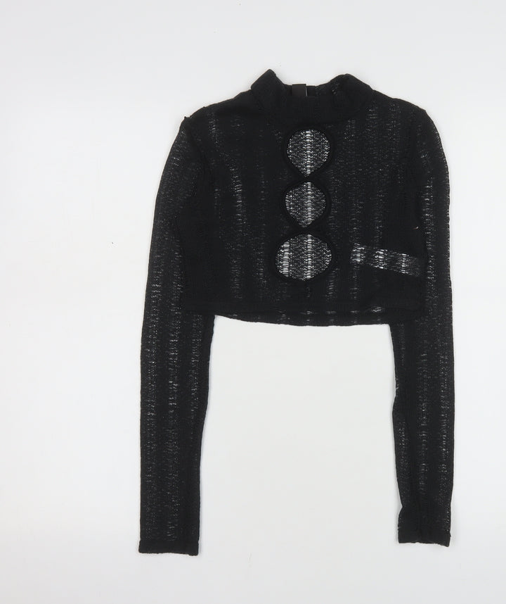 PrettyLittleThing Women's Black Mock Neck Open Knit Crop Jumper Size 6