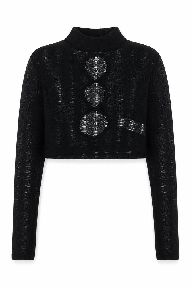 PrettyLittleThing Women's Black Mock Neck Open Knit Crop Jumper Size 6