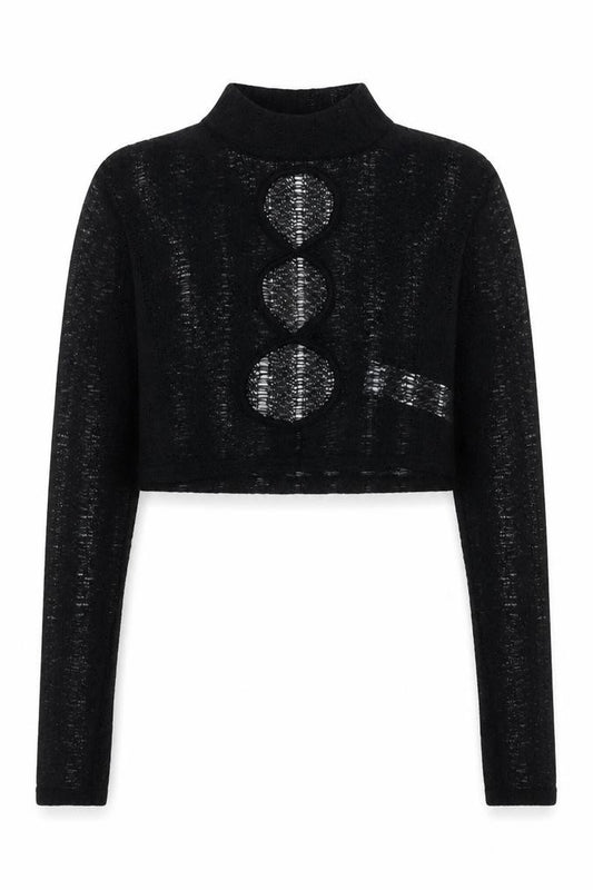 Front view of PRETTYLITTLETHING Women's Black Mock Neck Open Knit Crop Jumper, size 6