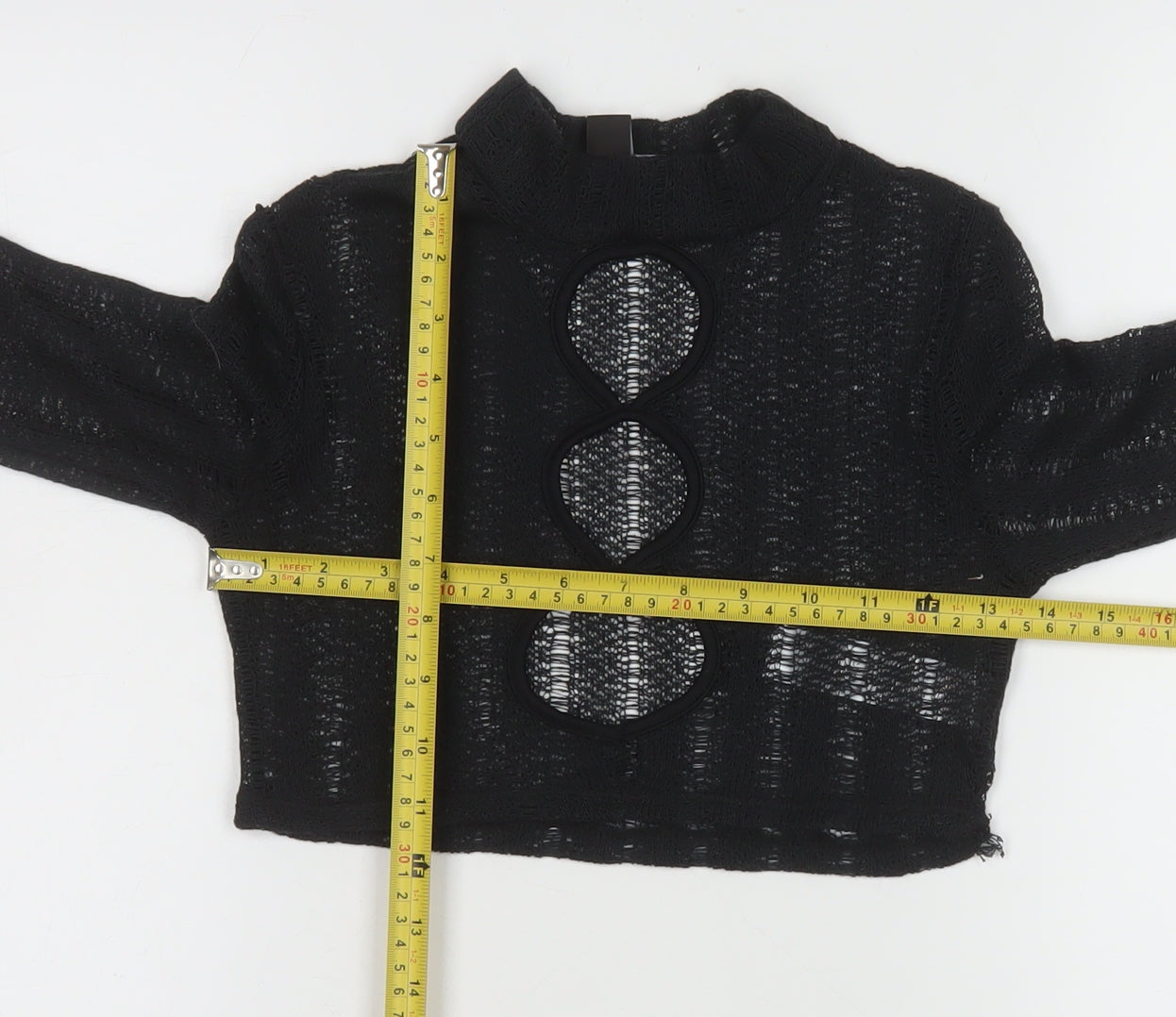 PrettyLittleThing Women's Black Mock Neck Open Knit Crop Jumper Size 6