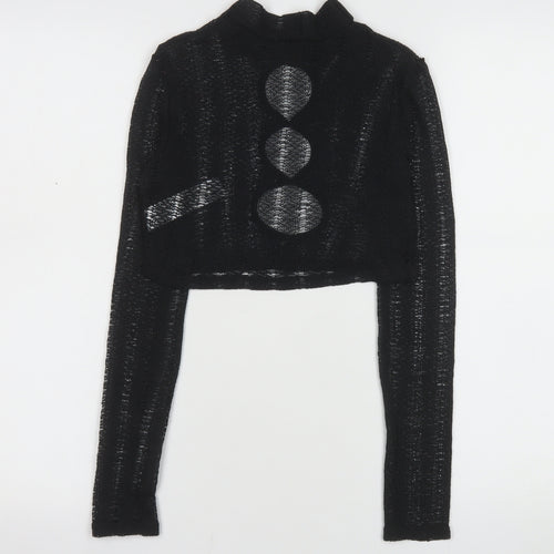 PrettyLittleThing Women's Black Mock Neck Open Knit Crop Jumper Size 6