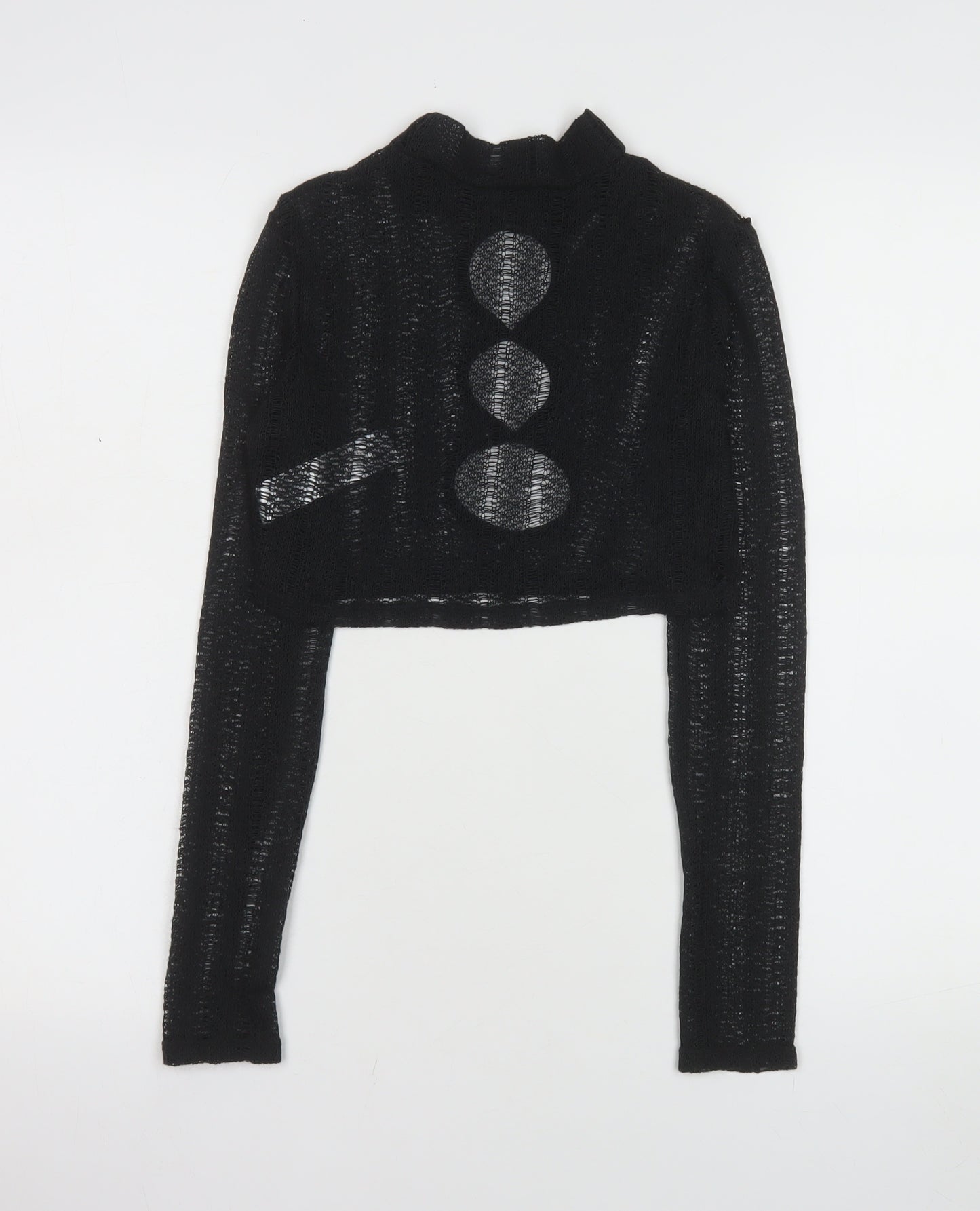 PrettyLittleThing Women's Black Mock Neck Open Knit Crop Jumper Size 6
