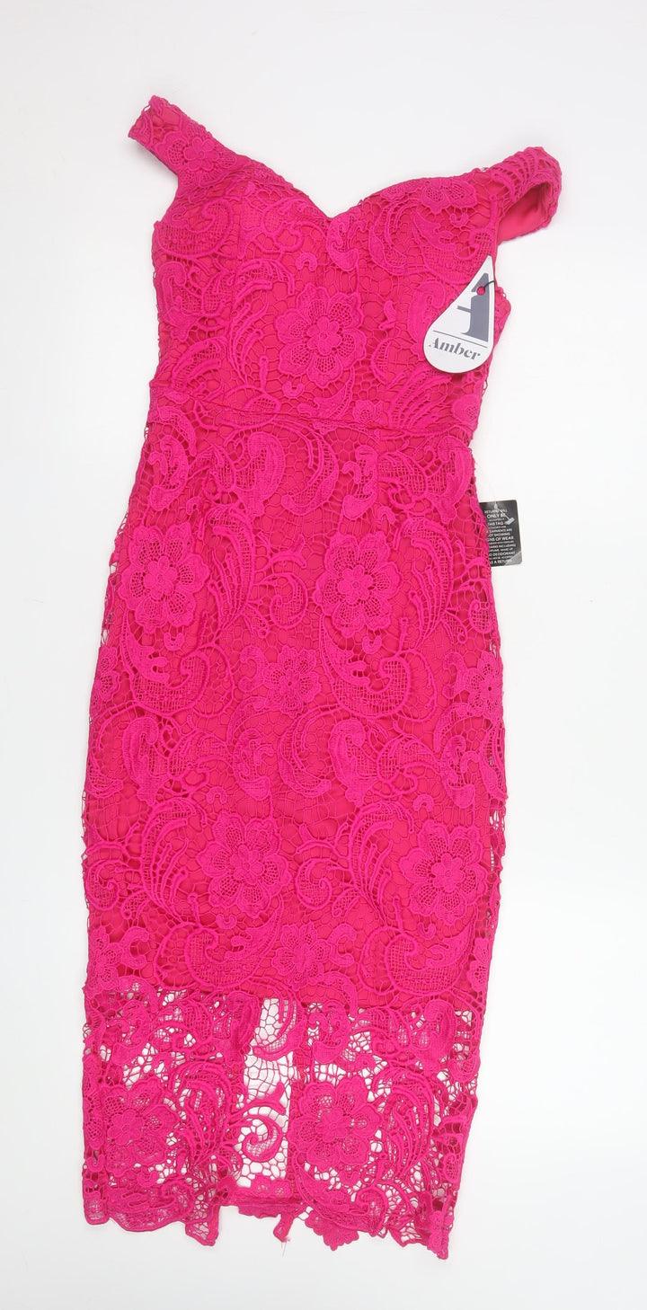 Amber Women’s Pink Lace Off Shoulder Bodycon Dress XS