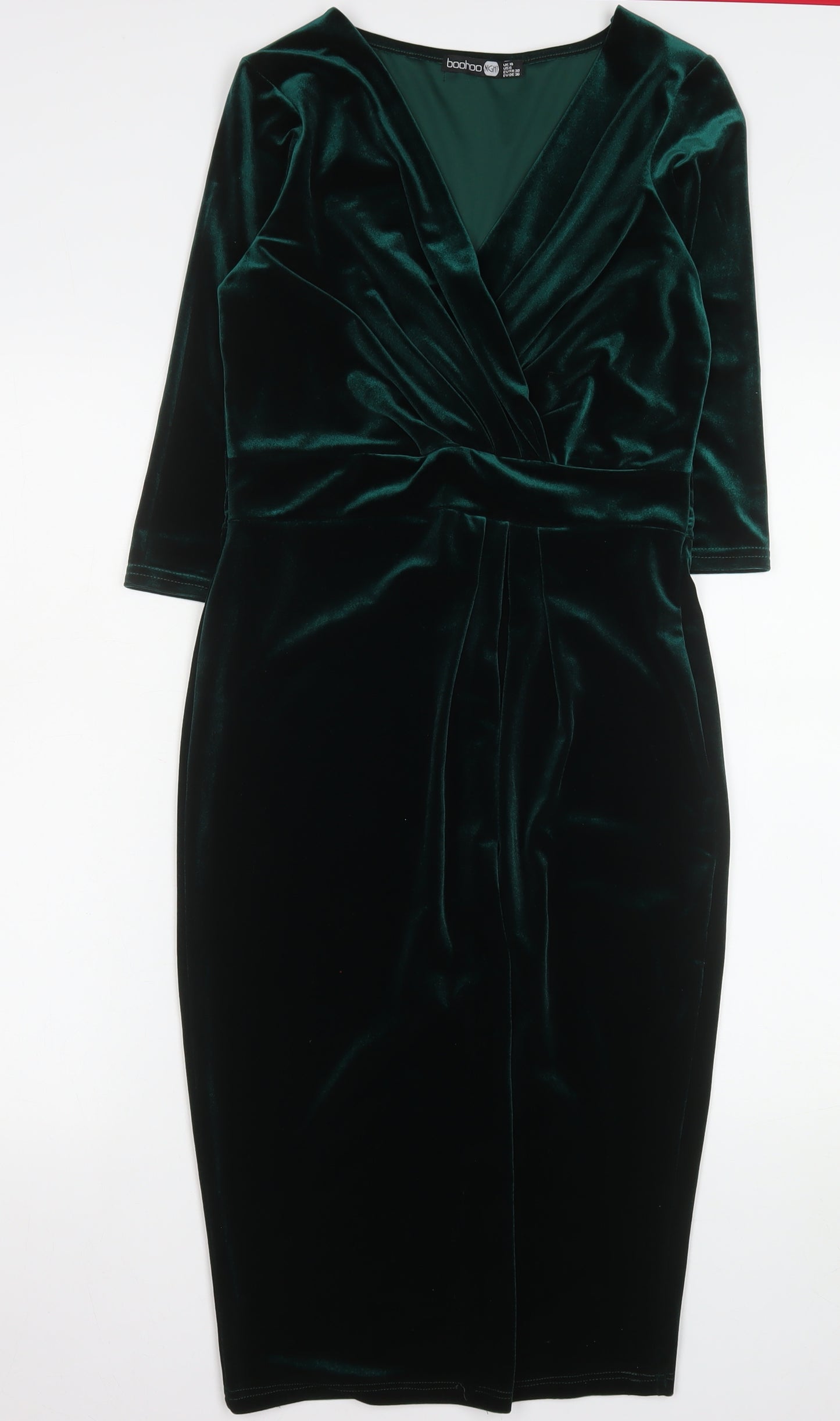 Boohoo Women Green Velvet Bodycon Knee Length Party Dress UK 10