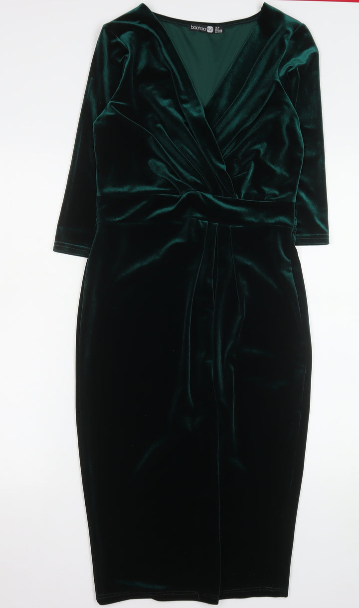 Boohoo Women Green Velvet Bodycon Knee Length Party Dress UK 10