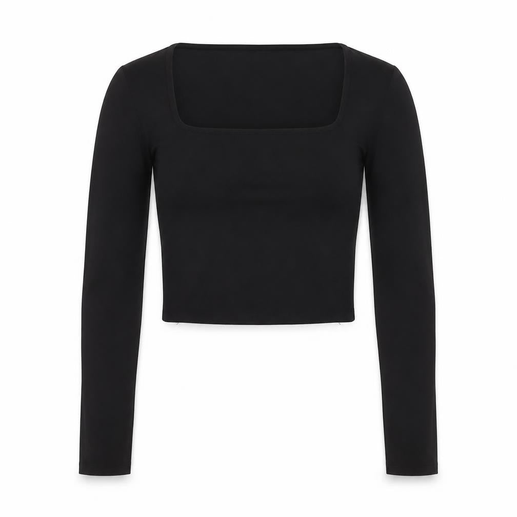 Front view of Amisu Women Black Cropped Long Sleeve Square Neck Blouse M