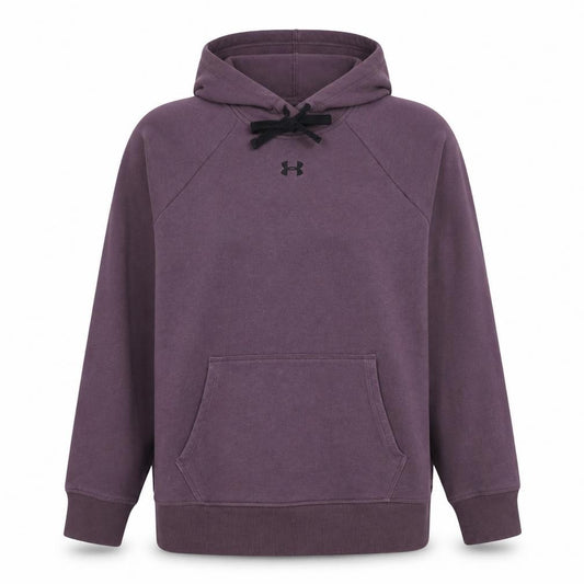 Front view of Under Armour women’s purple pullover hoodie, size L, loose fit