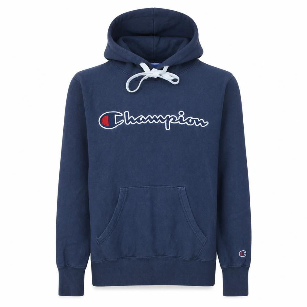Front view of Champion Men's Blue Pullover Hoodie Small Embroidered Logo Cotton