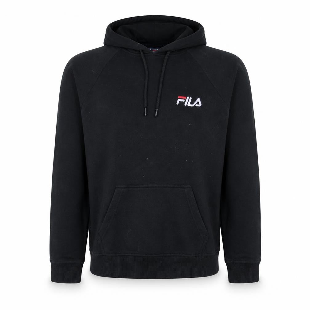 Front view of Fila Men's Black Pullover Hoodie Small Embroidered Logo Fleece