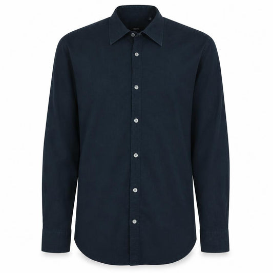 Front view of Hugo Boss Men's Blue Slim Fit Linen Long Sleeve Button-Up Shirt, size 40