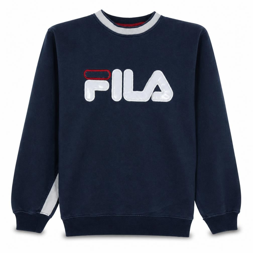 Front view of Fila Men's Blue Logo Pullover Sweatshirt, size S, Crew Neck