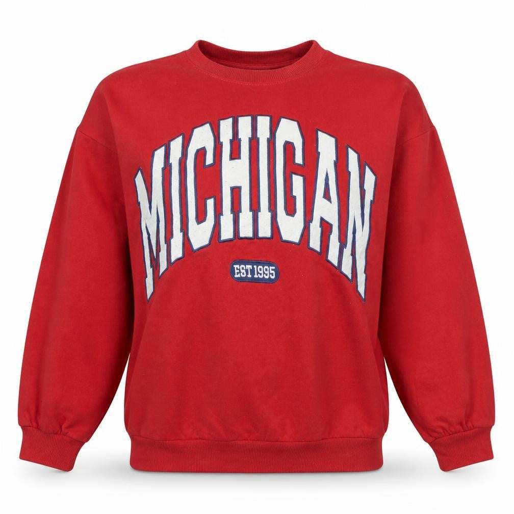 Front view of Pep&Co women’s red michigan graphic pullover sweatshirt, size S, 8-10