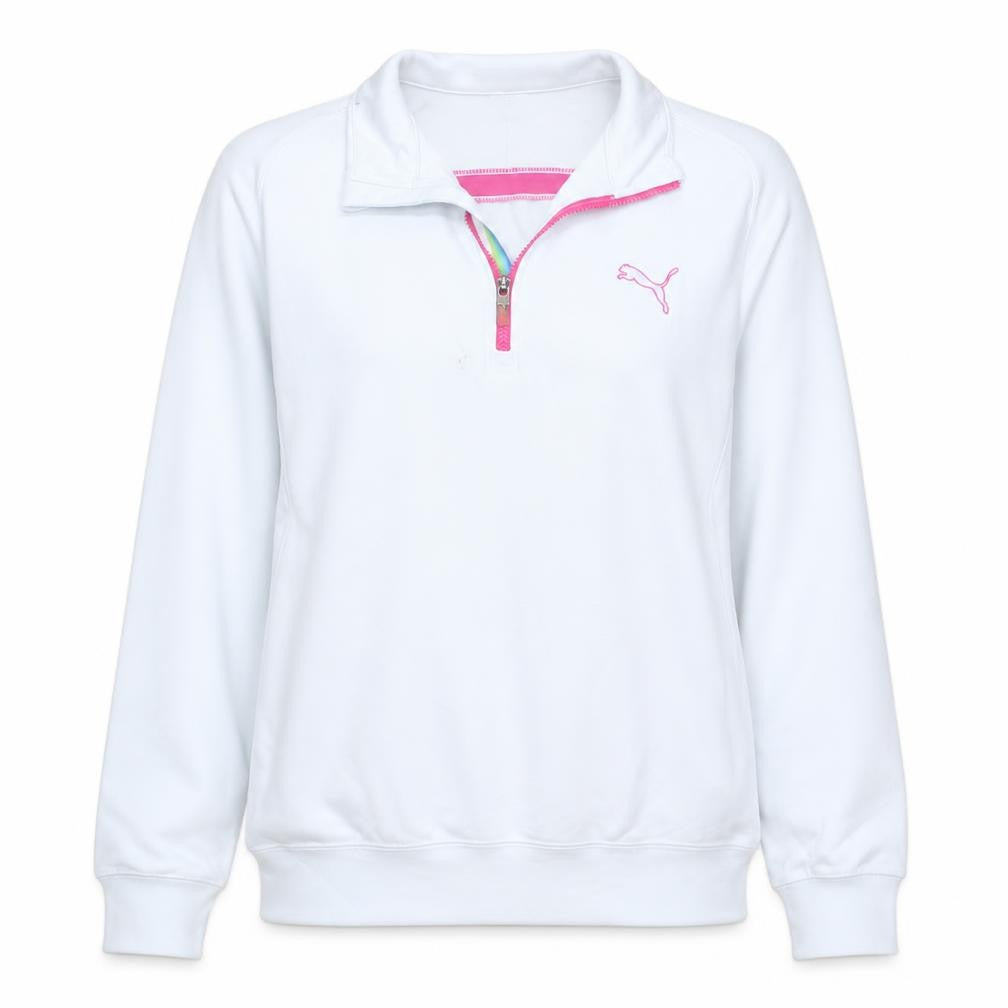 Front view of Puma Women's White Pink 1/4 Zip Pullover Sweatshirt M