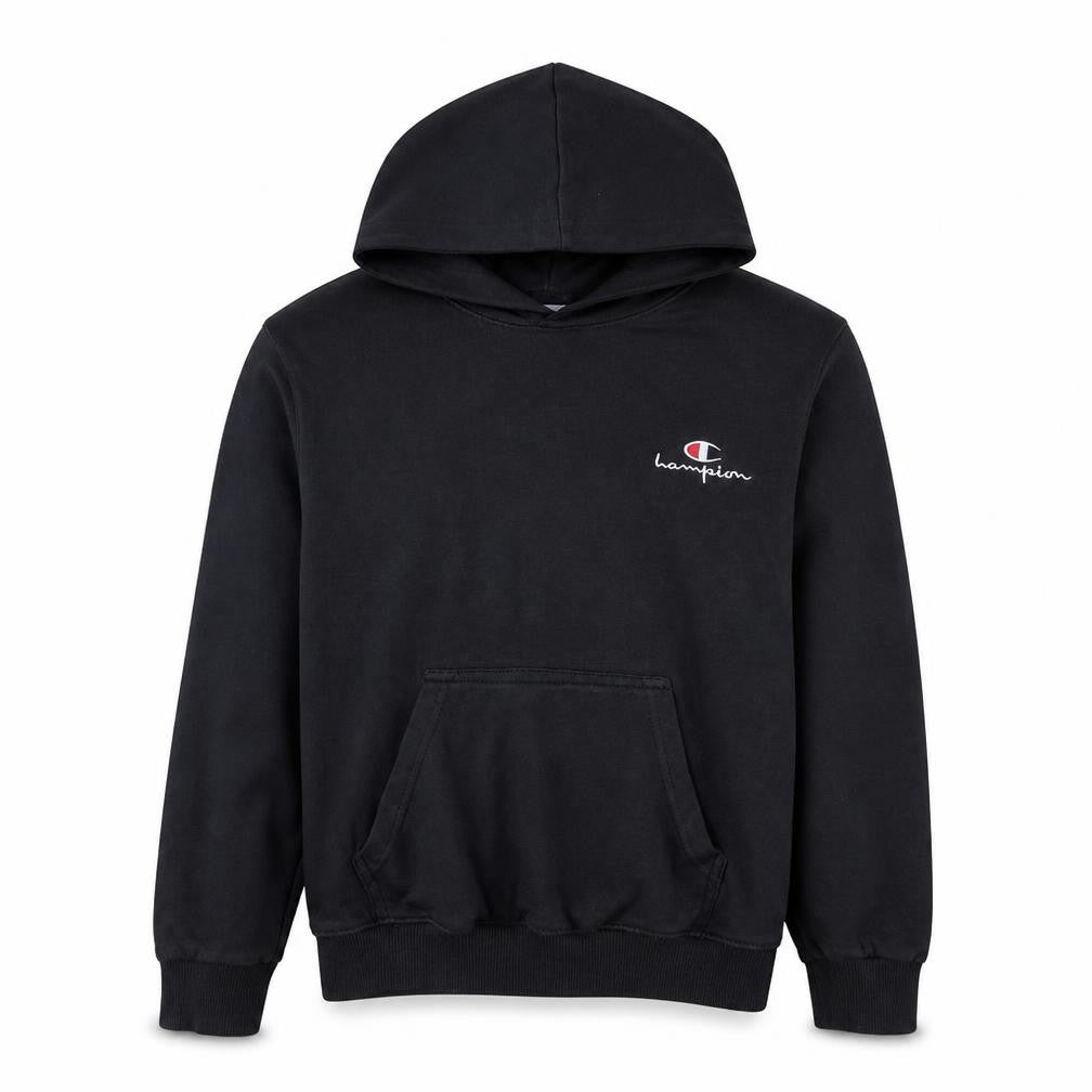 Front view of Champion Men's Black Pullover Logo Hoodie, size M